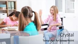  Presentation with classmates - Slide set having indulgence - teenage girl in wheelchair background and a light blue colored foreground