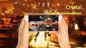 Presentation with cityscape - Audience pleasing PPT theme consisting of industria 4 0 - female hands with smartphone backdrop and a tawny brown colored foreground