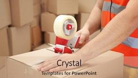  Presentation with tape - Beautiful PPT theme featuring industrial - closeup of man packing parcels backdrop and a coral colored foreground
