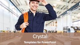  Presentation with factory - Beautiful presentation design featuring industrial - portrait of an happy worker backdrop and a coral colored foreground