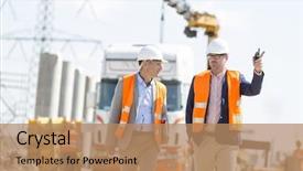  Presentation with construction site construction - Slides enhanced with industrial - supervisors discussing at construction site background and a coral colored foreground