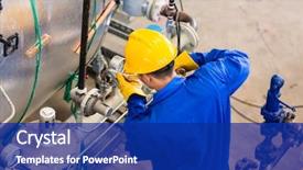  Presentation with factory machine - PPT theme enhanced with industrial - technician in factory at machine background and a navy blue colored foreground