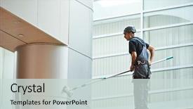  Presentation with cleaning business - Amazing slide set having industrial - woman cleaner worker in uniform backdrop and a soft green colored foreground