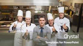  Presentation with industrial workers - Amazing slides having industrial 5s - five workers in restauran backdrop and a gray colored foreground