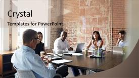  Presentation with meeting - Cool new PPT theme with industrial 5s - group of businesspeople meeting backdrop and a  colored foreground