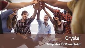  Presentation with giving - Presentation theme having industrial 5s - group of cheerful business people background and a  colored foreground