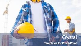  Presentation with building construction - Audience pleasing PPT theme consisting of industrial accident - building protective gear and people backdrop and a ocean colored foreground