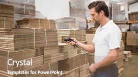  Presentation with scanner - PPT layouts with industrial accounting - serious warehouse worker holding scanner background and a coral colored foreground