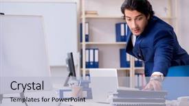  Presentation with young students working in groups - Slides having industrial accounting - young handsome businessman working background and a  colored foreground