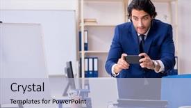  Presentation with women in office - Slide deck featuring industrial accounting - young handsome businessman working background and a light blue colored foreground