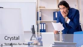  Presentation with office ergonomics - Colorful presentation theme enhanced with industrial accounting - young handsome businessman working backdrop and a  colored foreground