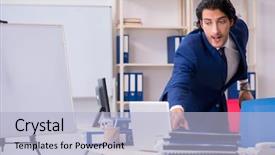  Presentation with working - Colorful presentation theme enhanced with industrial accounting - young handsome businessman working backdrop and a  colored foreground