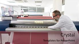  Presentation with printing industry - Slide set featuring cartouche - espertise man in transfer printing background and a tawny brown colored foreground