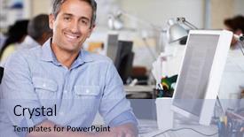  Presentation with busy - Theme having male feam - man working at desk background and a light blue colored foreground