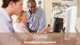  Presentation with office workers - Slide deck featuring advertising agency - workers at desks in busy background and a coral colored foreground