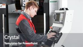  Presentation with cnc machining - Colorful theme enhanced with industrial automation - mechanical technician worker at cnc backdrop and a dark gray colored foreground