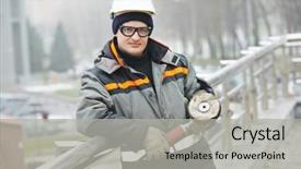  Presentation with builder - Beautiful PPT theme featuring industrial builder worker with ggrinder polishing metal barrier backdrop and a light gray colored foreground