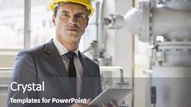  Presentation with industry 4.0 - Slides enhanced with industrial computers - portrait of young male architect background and a dark gray colored foreground