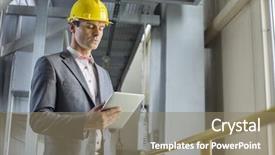  Presentation with cogeneration industry - Slides having industrial computers - young businessman using tablet computer background and a coral colored foreground