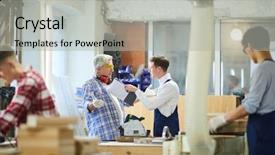  Presentation with wellness program and managing employee - Colorful slides enhanced with industrial conflict - serious strict young manager poking backdrop and a  colored foreground