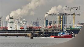  Presentation with power plants - PPT theme with industrial dock oil terminal and power plants emitting smoke and steam background and a light gray colored foreground