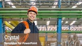  Presentation with management energy - Audience pleasing PPT layouts consisting of industrial energy management - portrait of a smiling engineer backdrop and a coral colored foreground