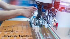  Presentation with industrial robot arm - Audience pleasing slide deck consisting of industrial-engineer-working-with-machine backdrop and a coral colored foreground