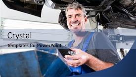  Presentation with vehicle - Presentation theme having industrial grease - professional mature mechanic holding background and a teal colored foreground