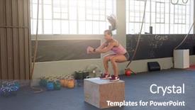  Presentation with good posture - Beautiful presentation featuring industry challenges - young fit woman doing box backdrop and a gray colored foreground