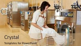  Presentation with cleaning services - Colorful PPT theme enhanced with industrial hygiene - cleaning services woman loading laundry backdrop and a coral colored foreground