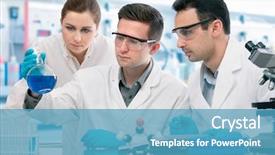  Presentation with research - Slide deck featuring industrial hygiene - group of young scientists experimentation background and a teal colored foreground