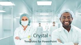  Presentation with team group - Amazing PPT theme having industrial hygiene - scientists team at modern hospital backdrop and a sky blue colored foreground