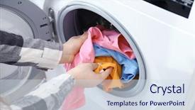  Presentation with clothes washing machine - Beautiful PPT theme featuring industrial hygiene - woman putting clothes into washing backdrop and a sky blue colored foreground