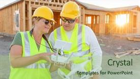  Presentation with drone quadcopter - Amazing slide deck having industrial inspection system - workers with drone quadcopter inspecting backdrop and a mint green colored foreground