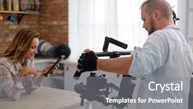  Presentation with managing finances during and after college - Presentation design enhanced with reportagem - backstage of camera man working background and a gray colored foreground