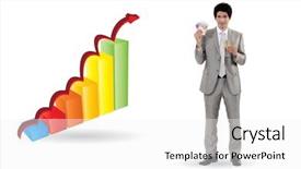  Presentation with cutout paper people standing around globe holding hands - PPT theme enhanced with best shaking hand - businessman standing by bar chart background and a  colored foreground