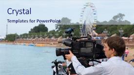  Presentation with television - PPT theme featuring tv reporter - operator of a television camera background and a sky blue colored foreground