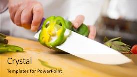  Presentation with tiffany green - PPT layouts featuring industrial knife - chef cutting a green pepper background and a yellow colored foreground