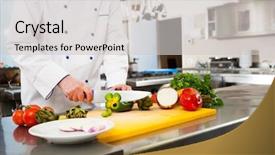  Presentation with chef - Amazing slide set having industrial knife - chef preparing vegetables in his backdrop and a light gray colored foreground