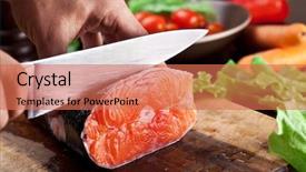  Presentation with cooking - PPT theme consisting of industrial knife - fresh salmon cooking process background and a coral colored foreground
