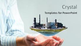  Presentation with floating - Cool new PPT theme with industrial-landscape-with-chimneys-floating backdrop and a light gray colored foreground