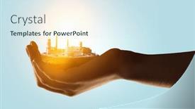  Presentation with industrial textile industry yarn spools - Presentation design enhanced with industrial-landscape-with-chimneys-mixed background and a sky blue colored foreground