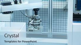  Presentation with robot arm - Colorful presentation theme enhanced with industrial machine and factory robot backdrop and a light blue colored foreground