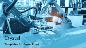  Presentation with robot arm - Slide set enhanced with industrial machine and factory robot background and a light blue colored foreground