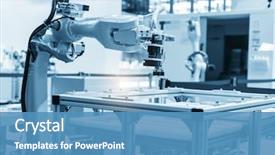  Presentation with factory machine - Amazing PPT layouts having industrial machine and factory robot backdrop and a teal colored foreground