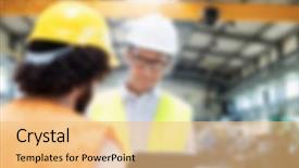  Presentation with manufacturing - Presentation design featuring industrial manufacturing business blurred background background and a  colored foreground