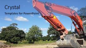  Presentation with hydraulics - Colorful presentation theme enhanced with industrial orange digger bucket with hydraulics standing idle in rural countryside against a blue sky and clouds backdrop and a teal colored foreground