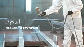  Presentation with painting - Colorful presentation design enhanced with industrial painter in chamber painting metal detail backdrop and a gray colored foreground