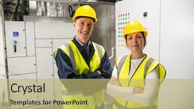  Presentation with control - Presentation theme having industrial plant - engineers smiling at camera background and a  colored foreground