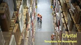  Presentation with small group working - Colorful presentation theme enhanced with industrial plant - group of workers in aisle backdrop and a violet colored foreground